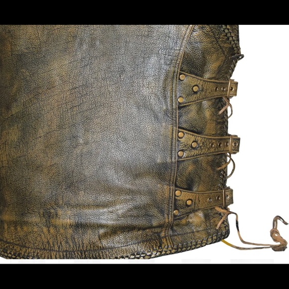 MEN’S MOTORCYCLE CLASSIC SIDE LACES BUCKLED BROWN CONCEALED CARRY LEATHER VEST - Picture 6 of 8